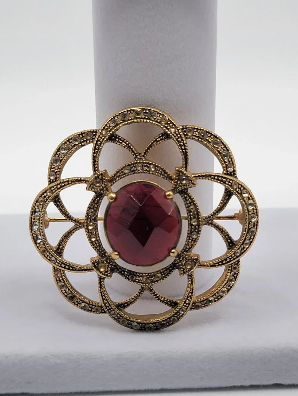 Vintage Monet Silver Tone Filigree Red Glass Brooch 1930s-1955s